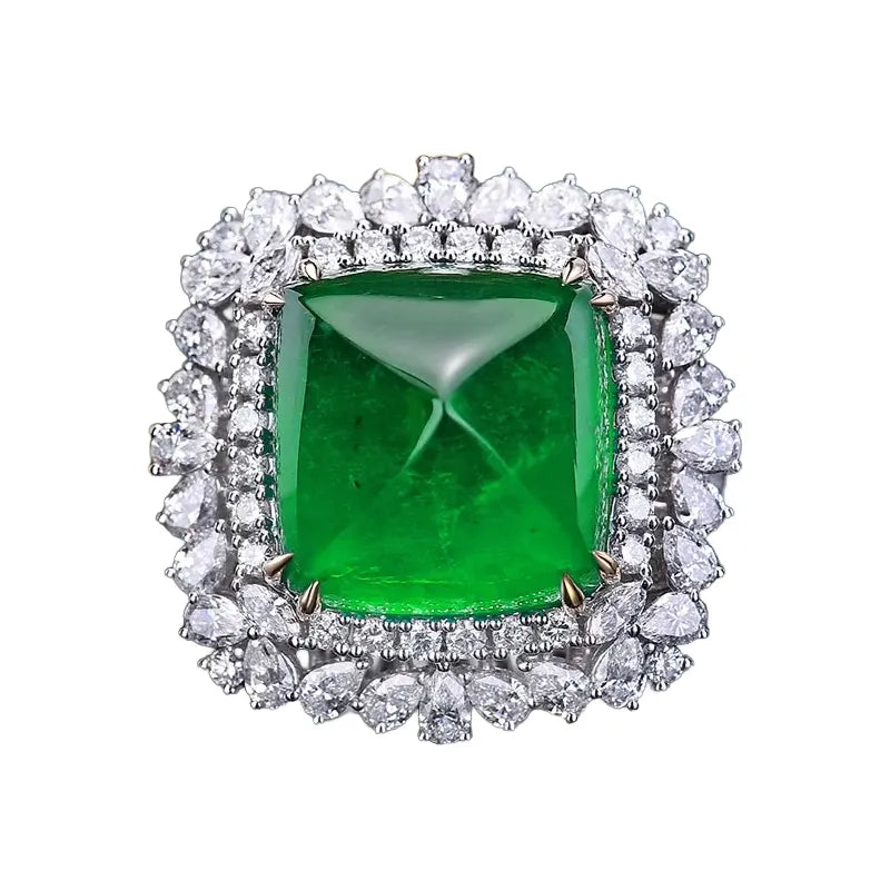 Engagement Ring 18K Gold 17.98ct Zambian Cabochon Sugarloaf Emerald Ring