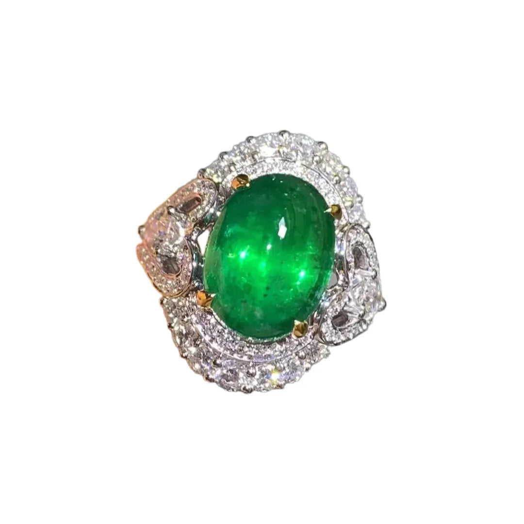 Engagement Ring 18K Gold 5.28ct Natural Walton Green Cabochon Emerald Ring