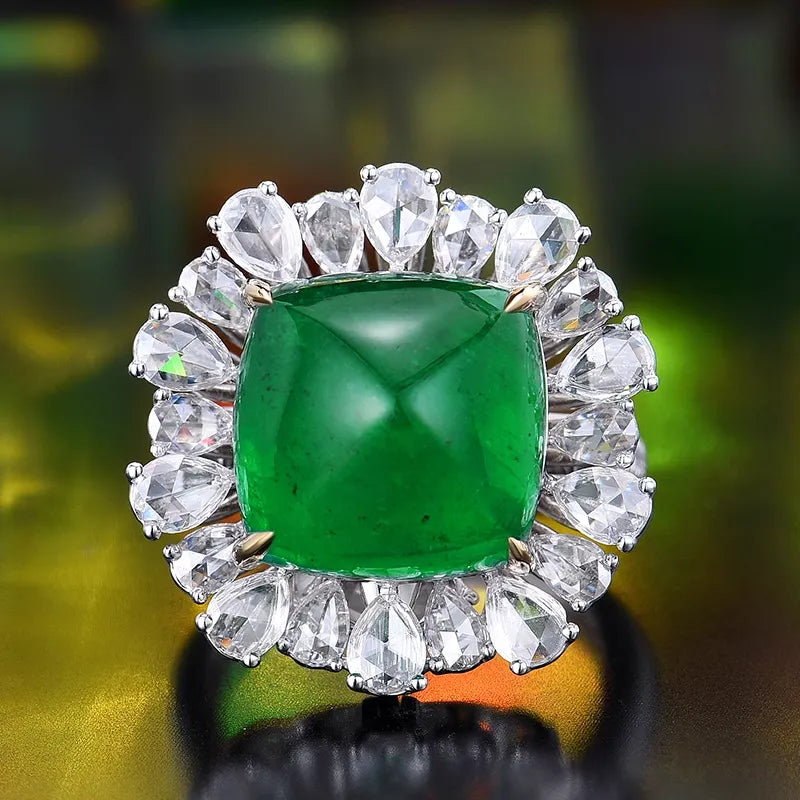 Engagement Ring 18K Gold 13.08ct Natural Cabochon Emerald Ring