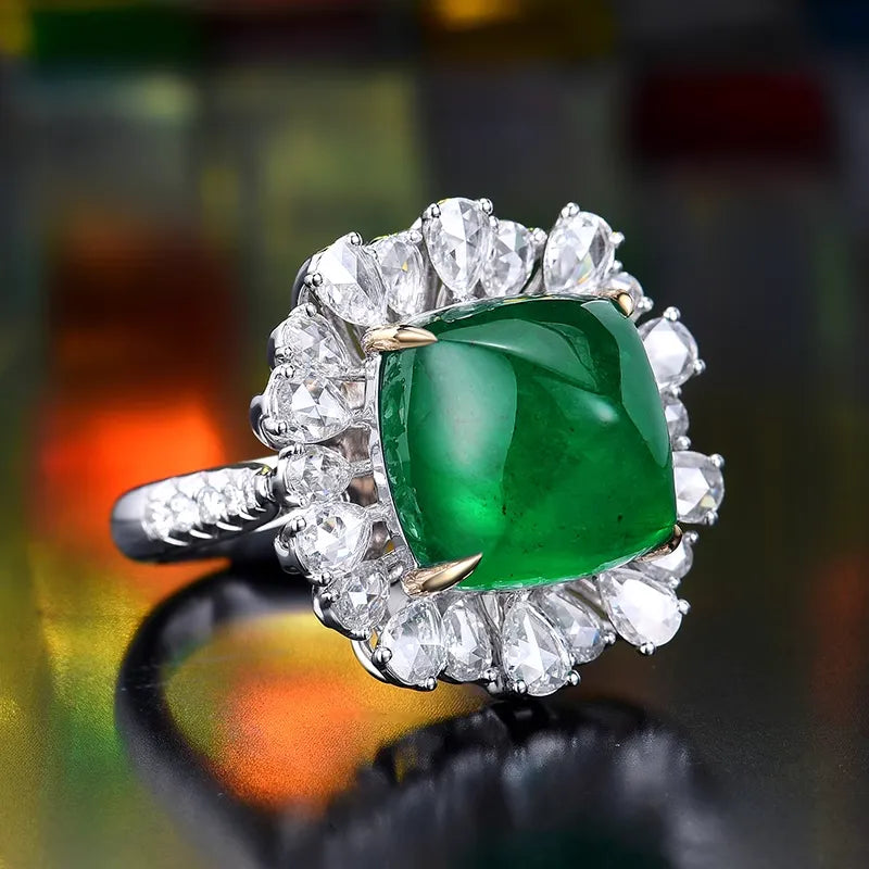 Engagement Ring 18K Gold 13.08ct Natural Cabochon Emerald Ring