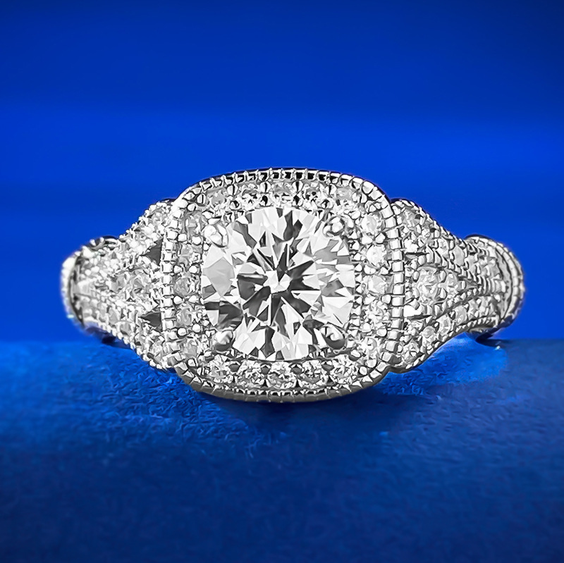 Round Engagement Ring 6.5mm 925 Silver High Carbon Diamond