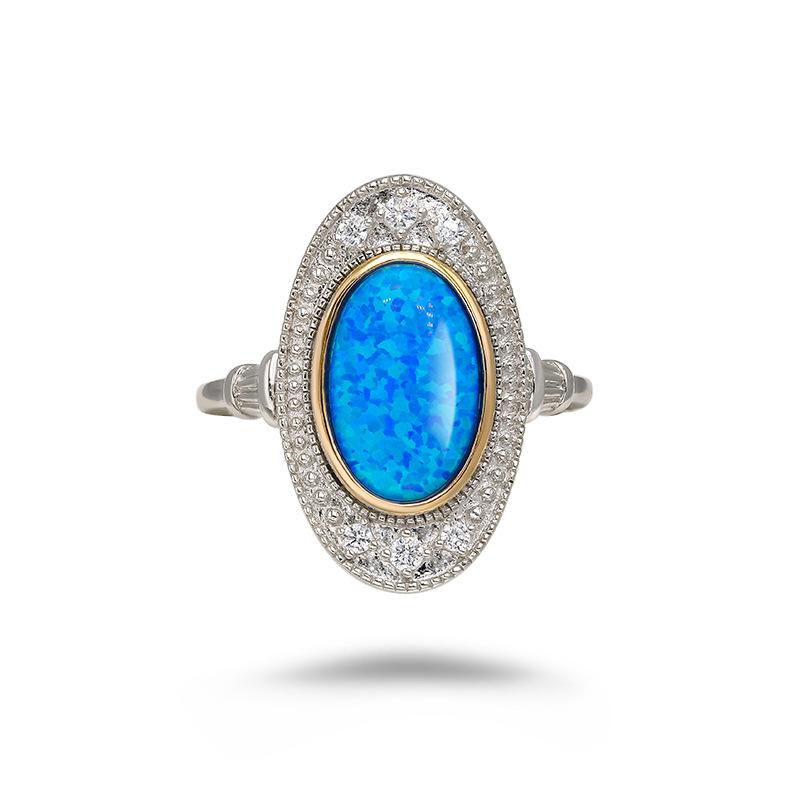 Oval Engagement Ring 925 Silver Artificial Opal