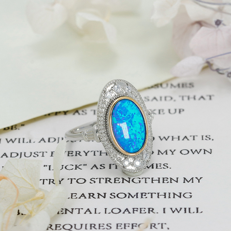 Oval Engagement Ring 925 Silver Artificial Opal