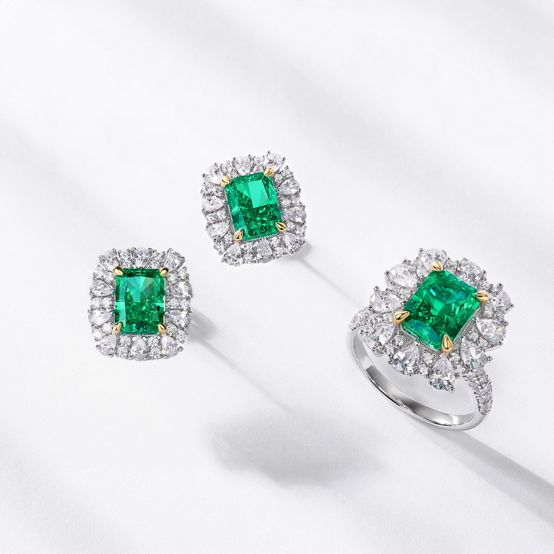 Emerald Engagement Ring 9*7 925 Silver High Carbon Diamond