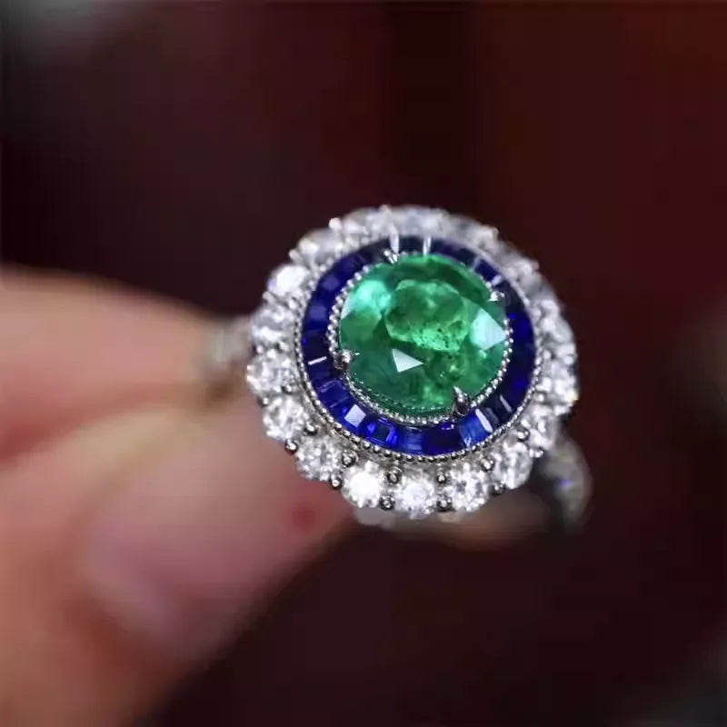 Engagement Ring 18K Gold 1.06ct Fine Round-Cut Emerald Ring