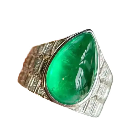 Engagement Ring 18K Gold 7.66ct Cabochon Pear-Shaped Emerald Ring