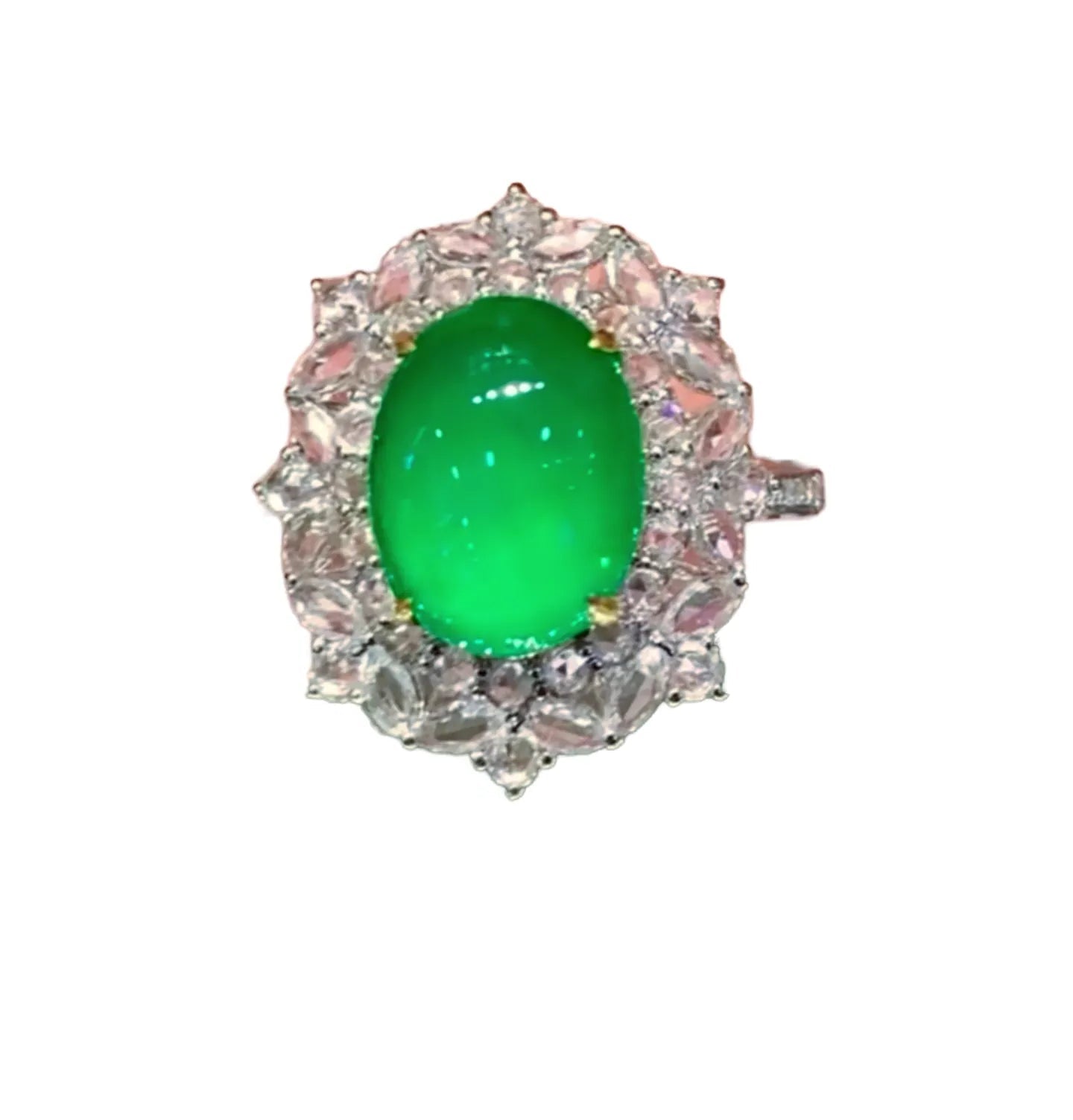 3ct Glassy Fluorescent Emerald Ring in 18K Gold with Diamonds