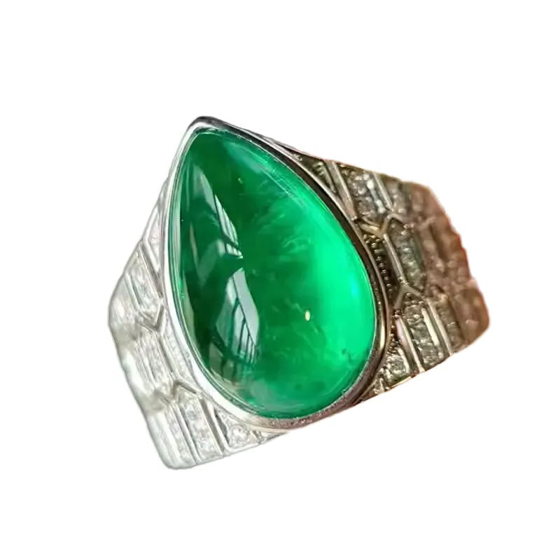 Engagement Ring 18K Gold 7.66ct Cabochon Pear-Shaped Emerald Ring