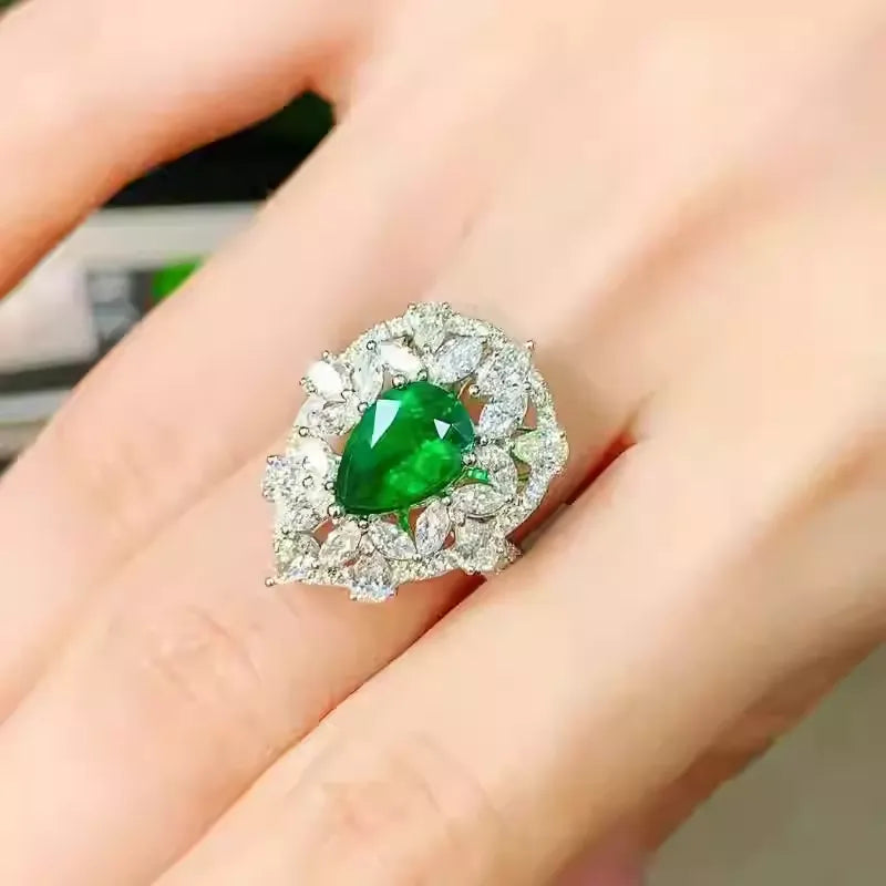Pear Engagement Ring 18K Gold 1.47ct Panjshir Emerald Wharton Green