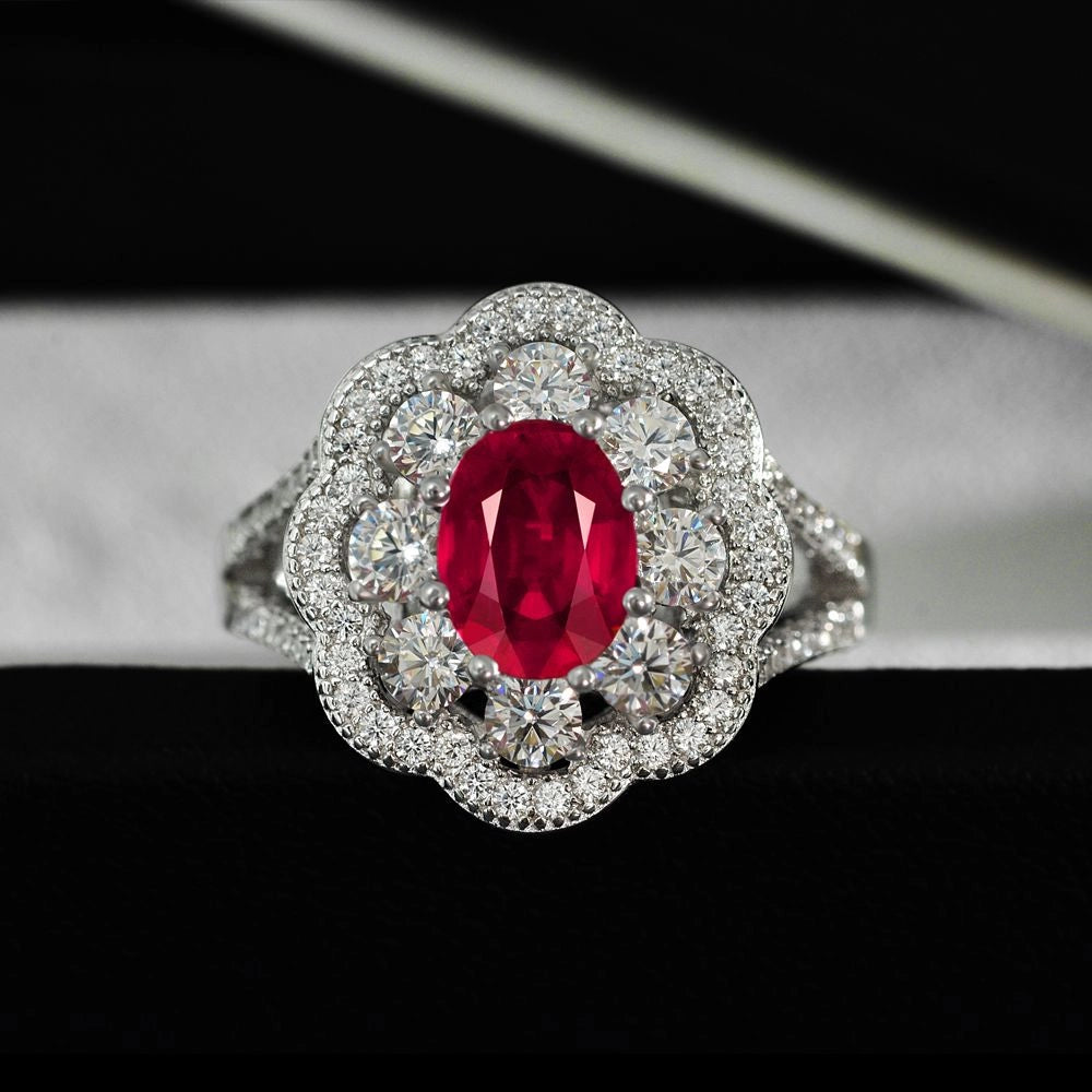Oval Engagement Ring 1ct 6*8 925 Silver Ruby