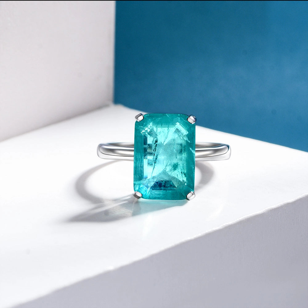 Emerald Paraiba Engagement Ring 7ct 10*14 925 Silver High Carbon Diamond