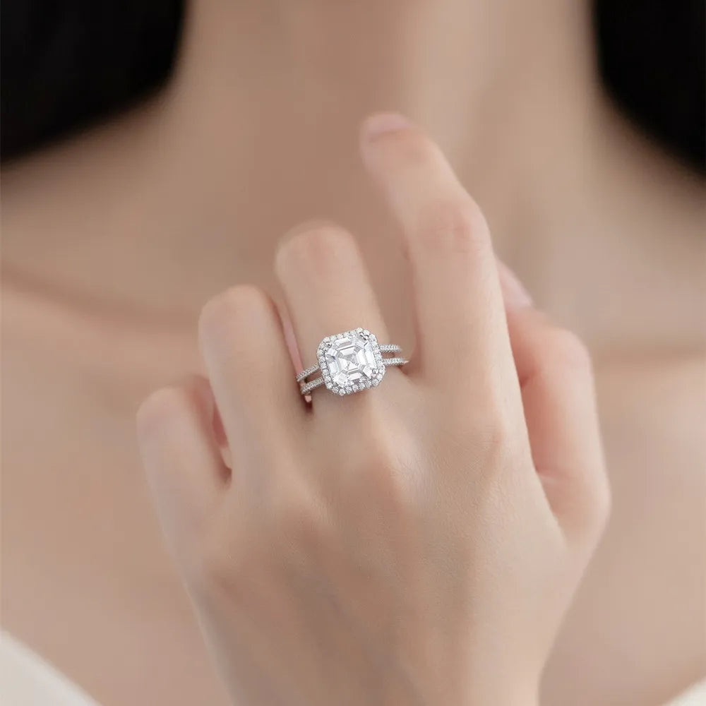Asscher Engagement Ring 9mm 925 Silver Zircon
