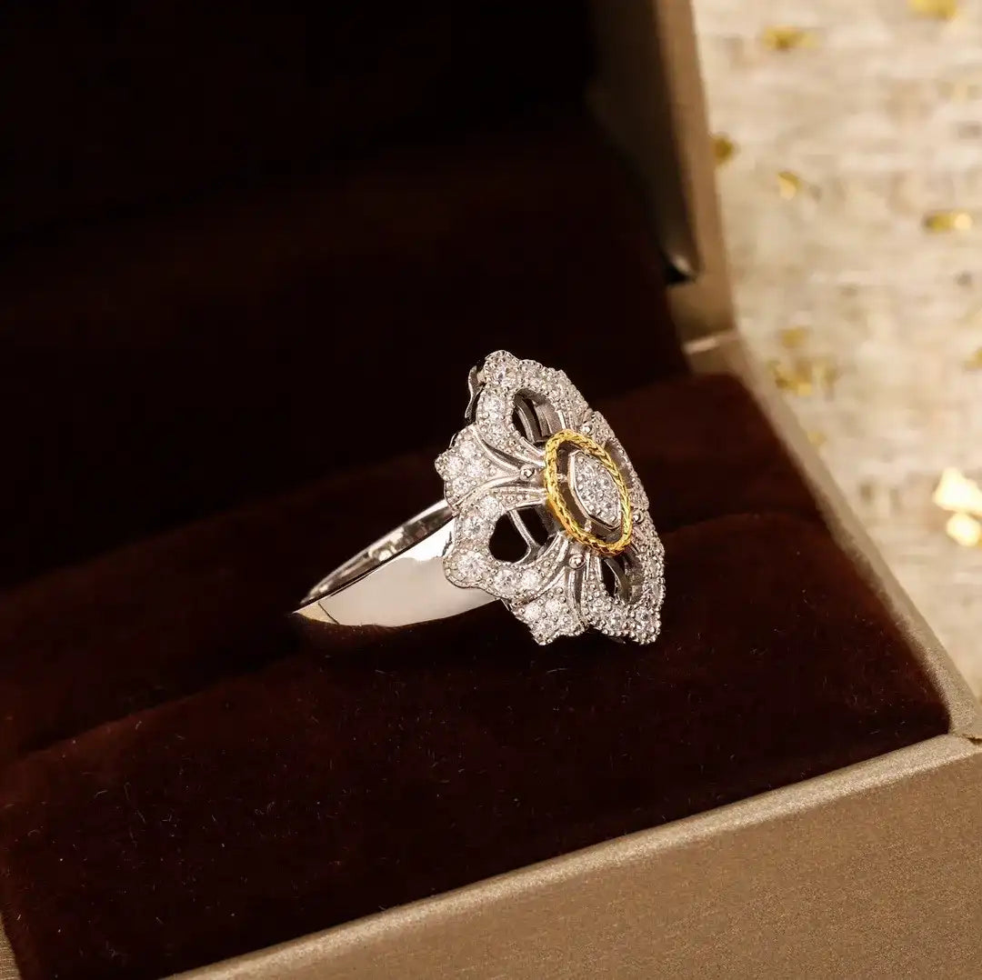 Carved Engagement Ring 925 Silver High Carbon Diamond