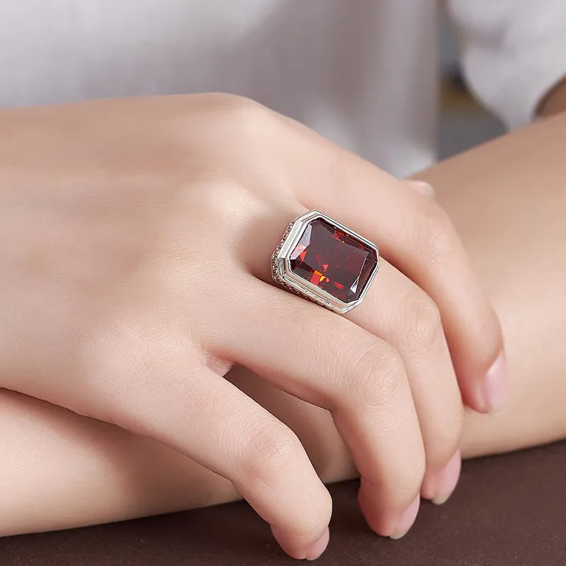 Rectangular Engagement Ring 925 Silver Garnet Open Ring