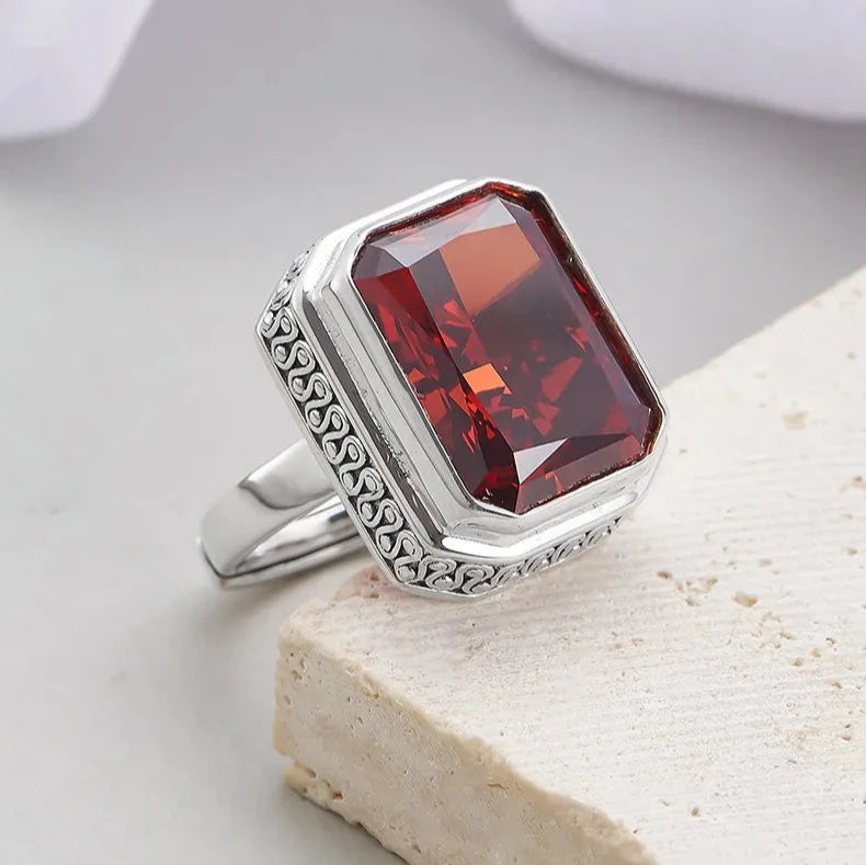 Rectangular Engagement Ring 925 Silver Garnet Open Ring