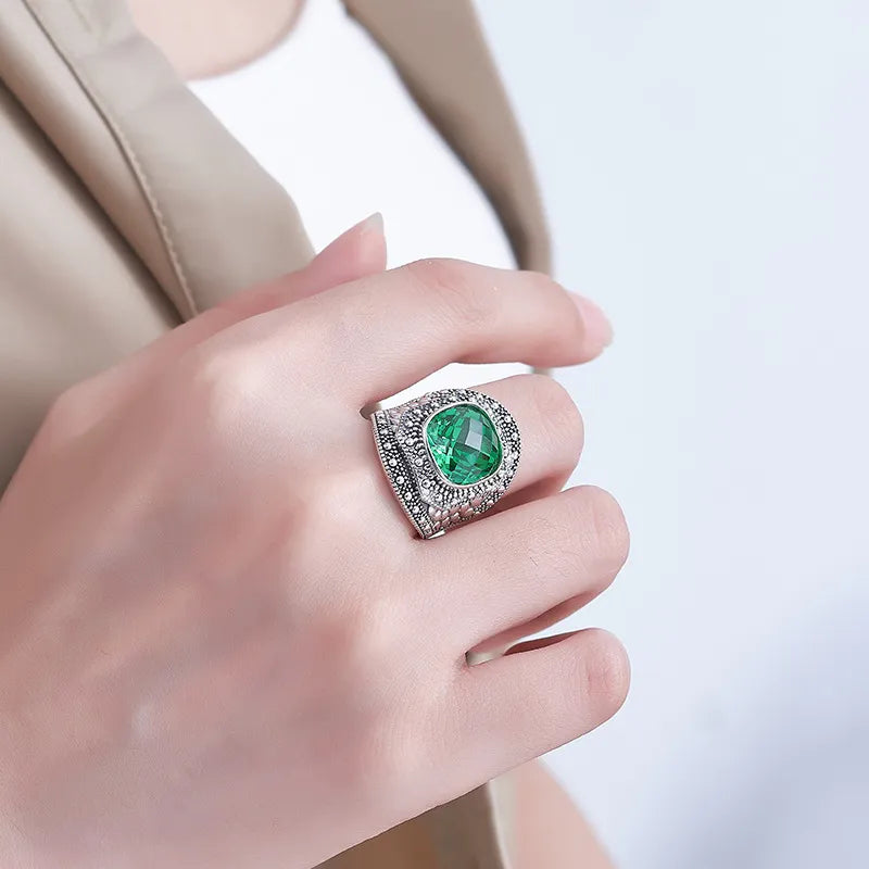 Cushion Engagement Ring 925 Silver Green Zircon Open Ring