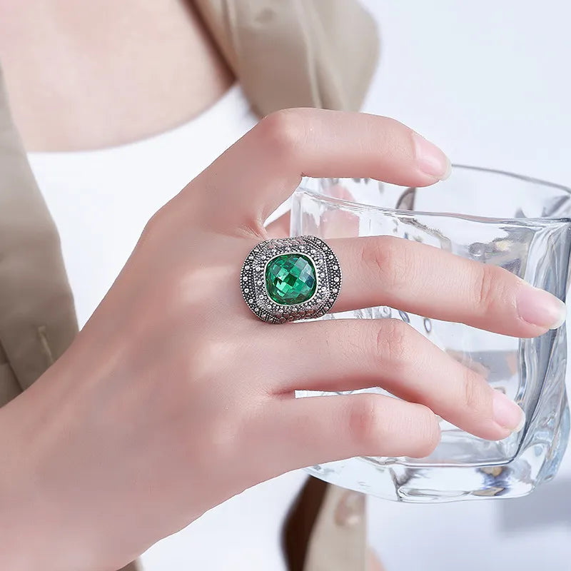 Cushion Engagement Ring 925 Silver Green Zircon Open Ring