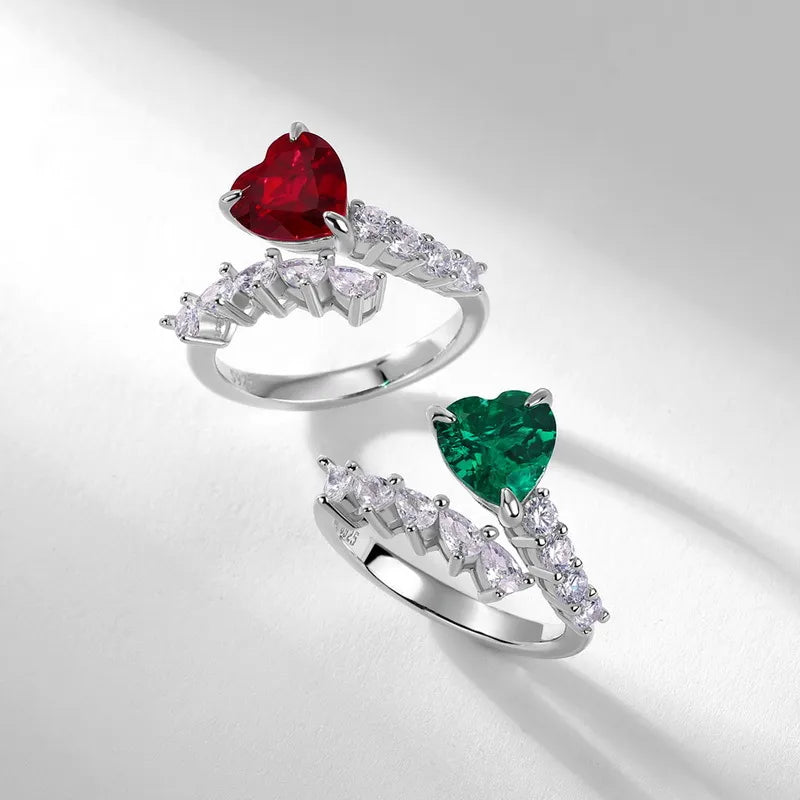 Heart Engagement Ring 8*8 925 Silver Emerald Ruby High Carbon Diamond