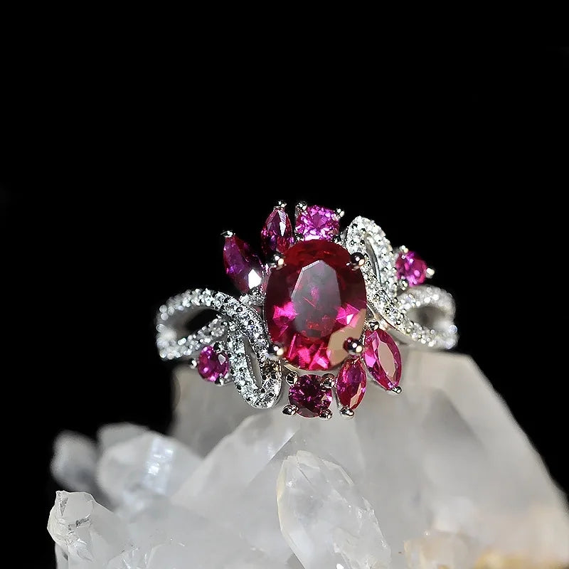 Red Oval Engagement Ring 925 Silver Ruby