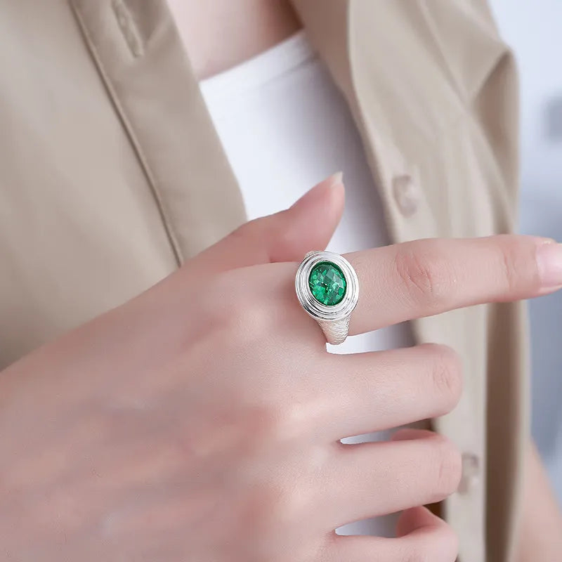 Oval Engagement Ring 925 Silver Green Zircon Open Ring