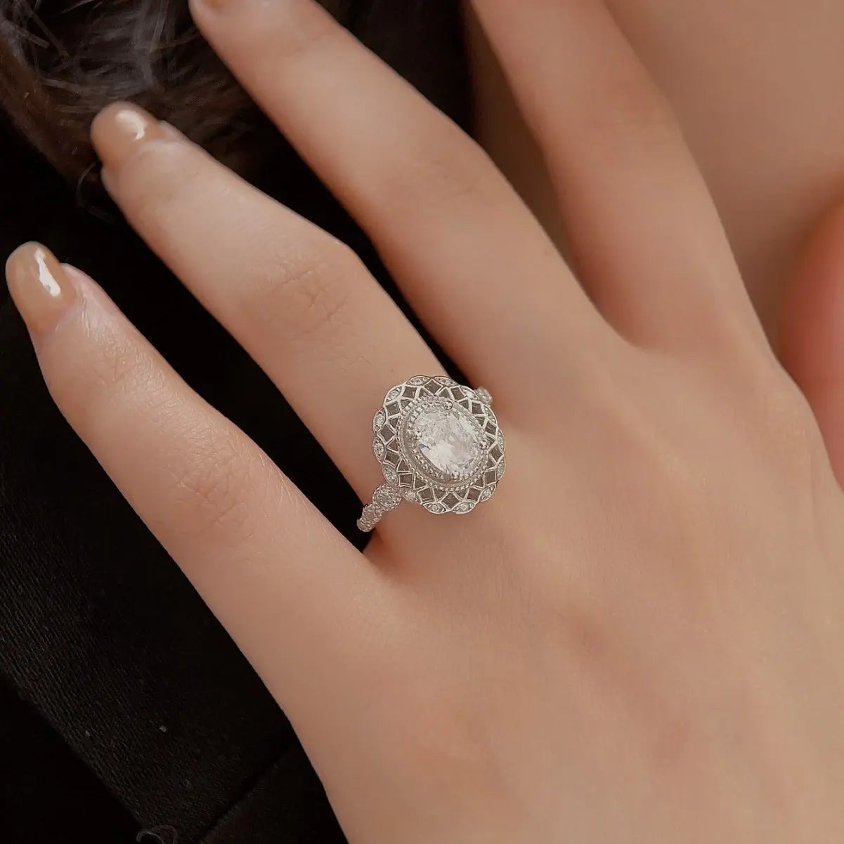 Oval Engagement Ring 925 Silver Zircon