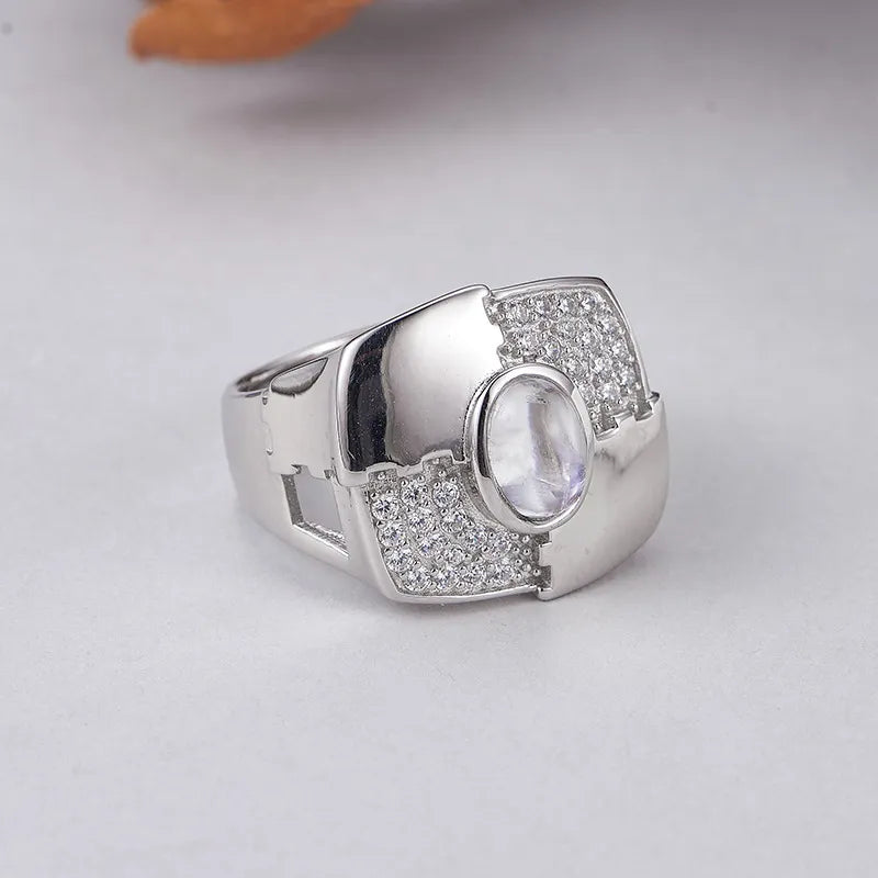 Oval Engagement Ring 925 Silver Moonstone Open Ring