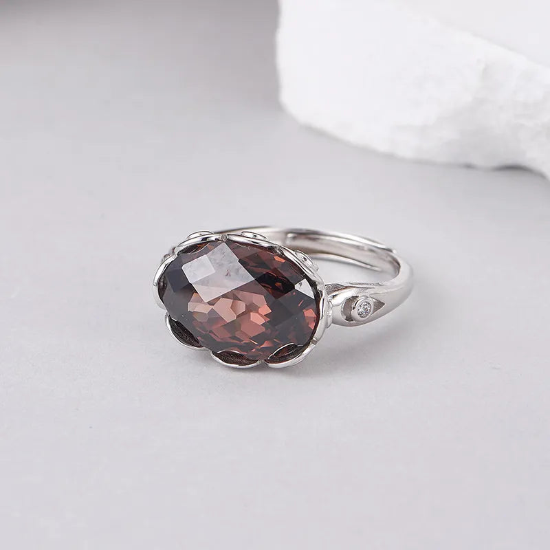 Oval Engagement Ring 925 Silver Coffee Zircon