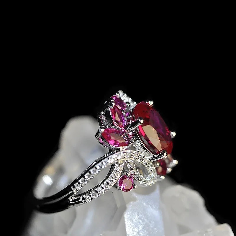 Red Oval Engagement Ring 925 Silver Ruby