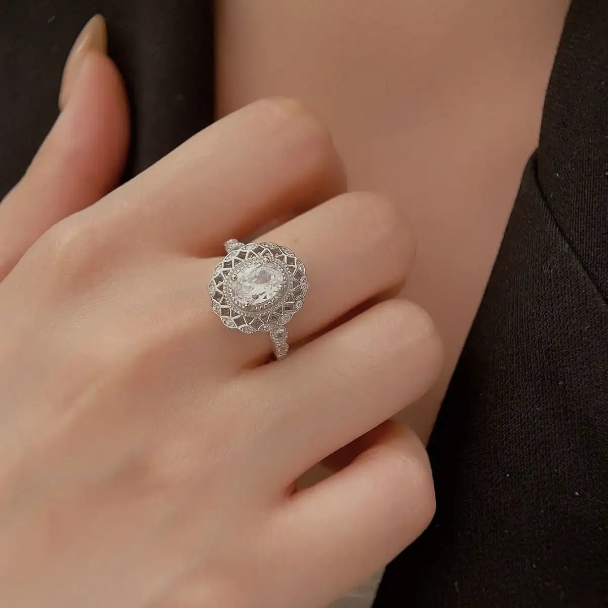 Oval Engagement Ring 925 Silver Zircon
