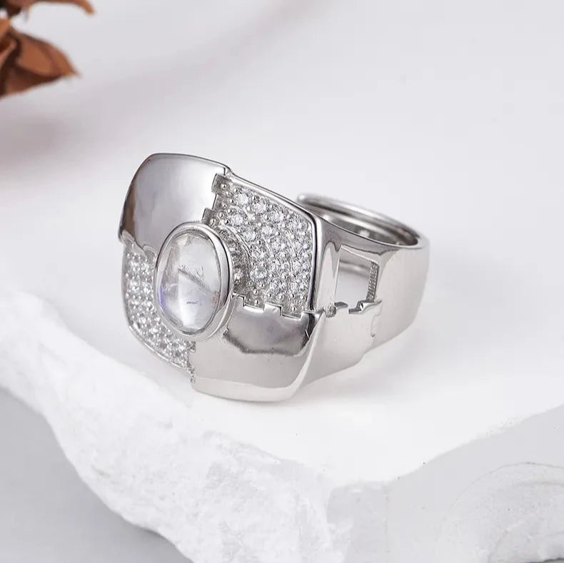 Oval Engagement Ring 925 Silver Moonstone Open Ring