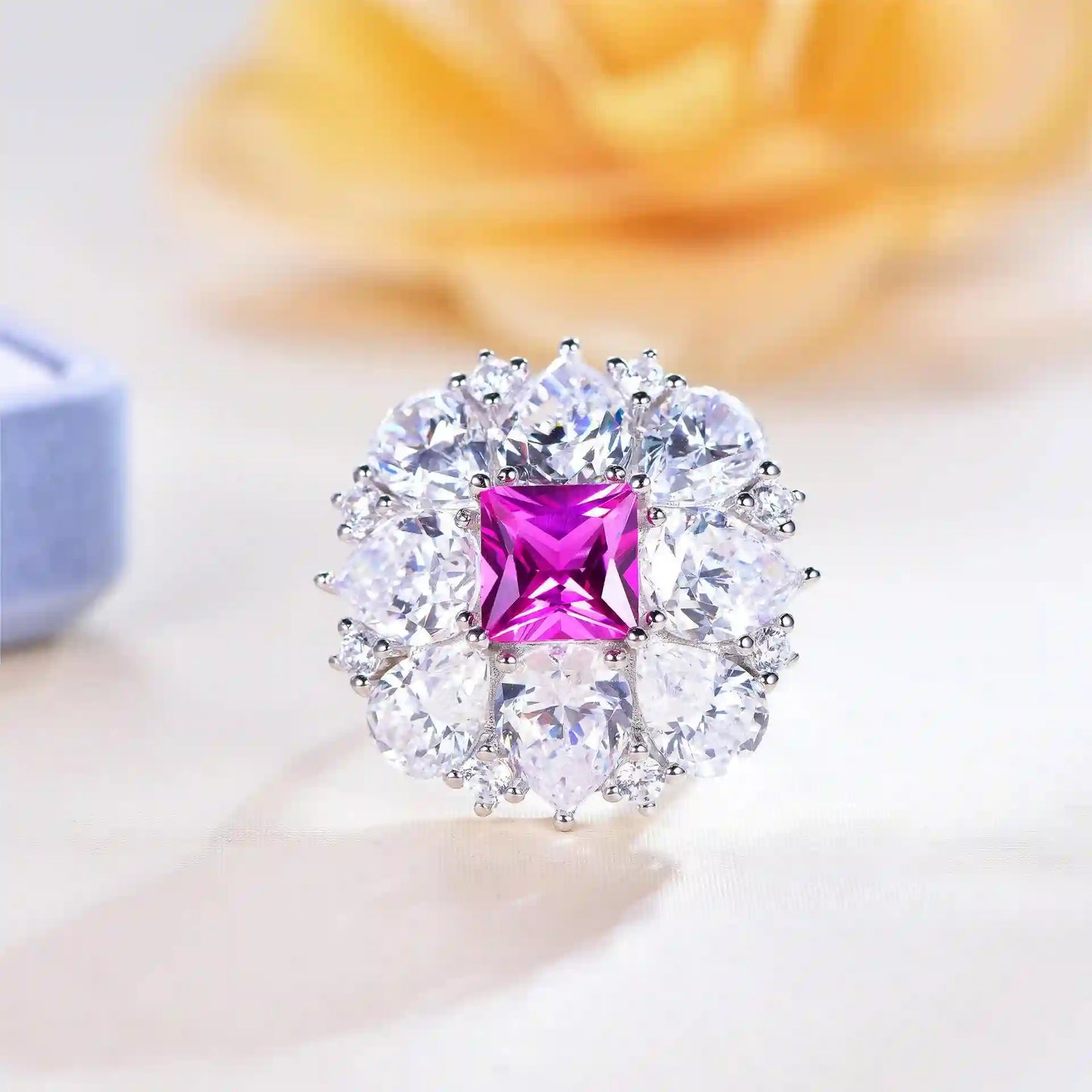Princess Engagement Ring 925 Silver Synthetic Pink Sapphire