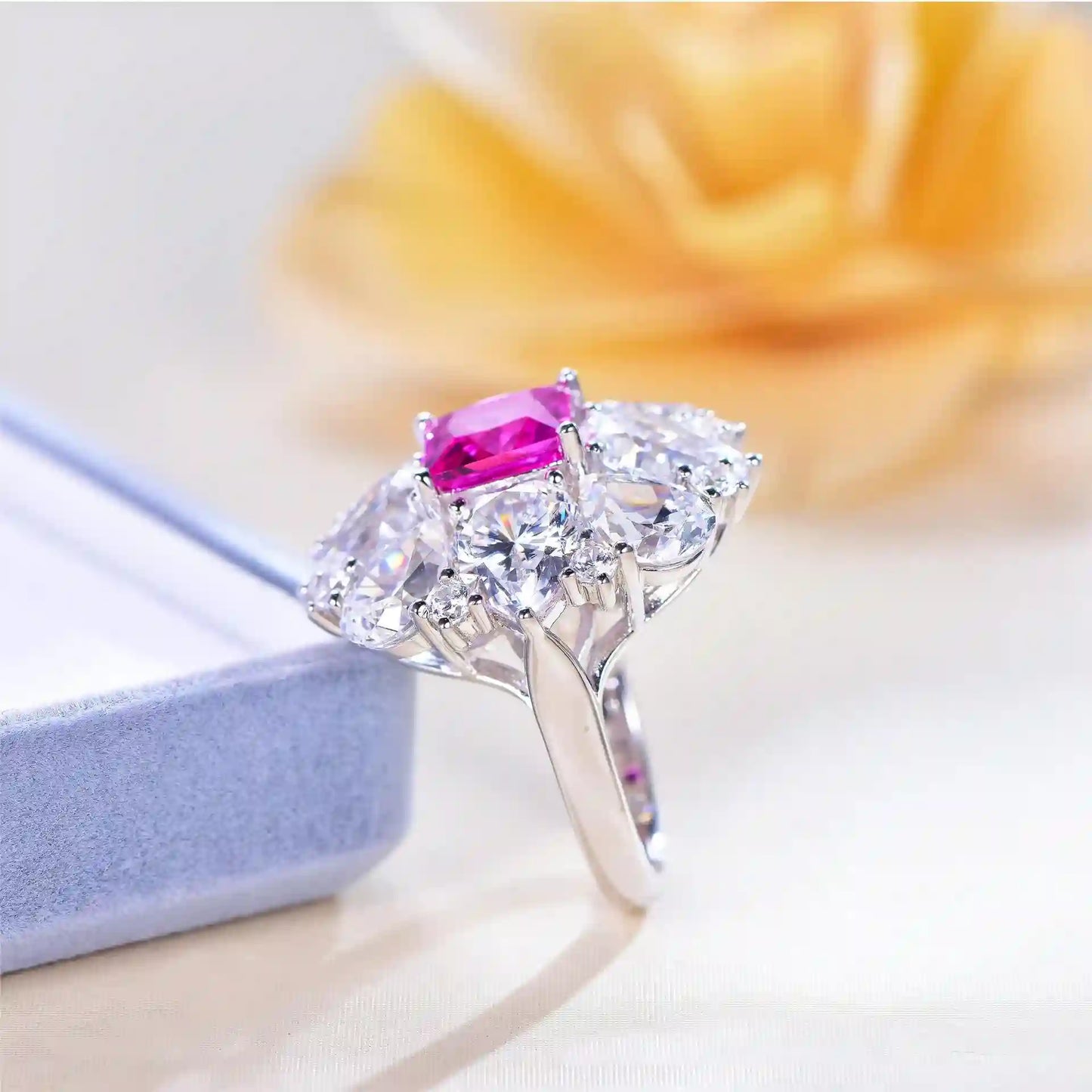 Princess Engagement Ring 925 Silver Synthetic Pink Sapphire