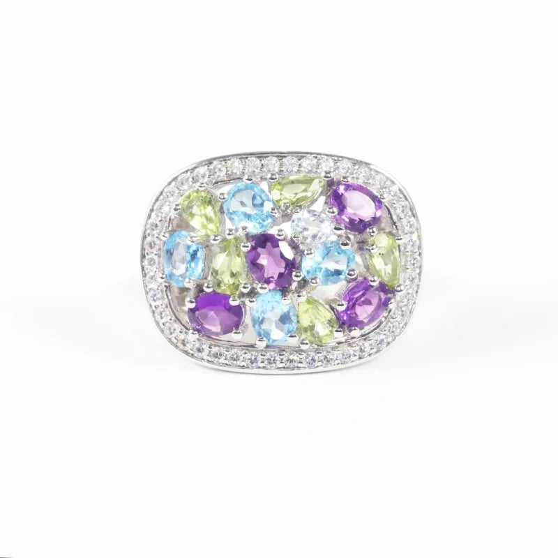 Engagement Ring 925 Silver Cluster Topaz Peridot Amethyst