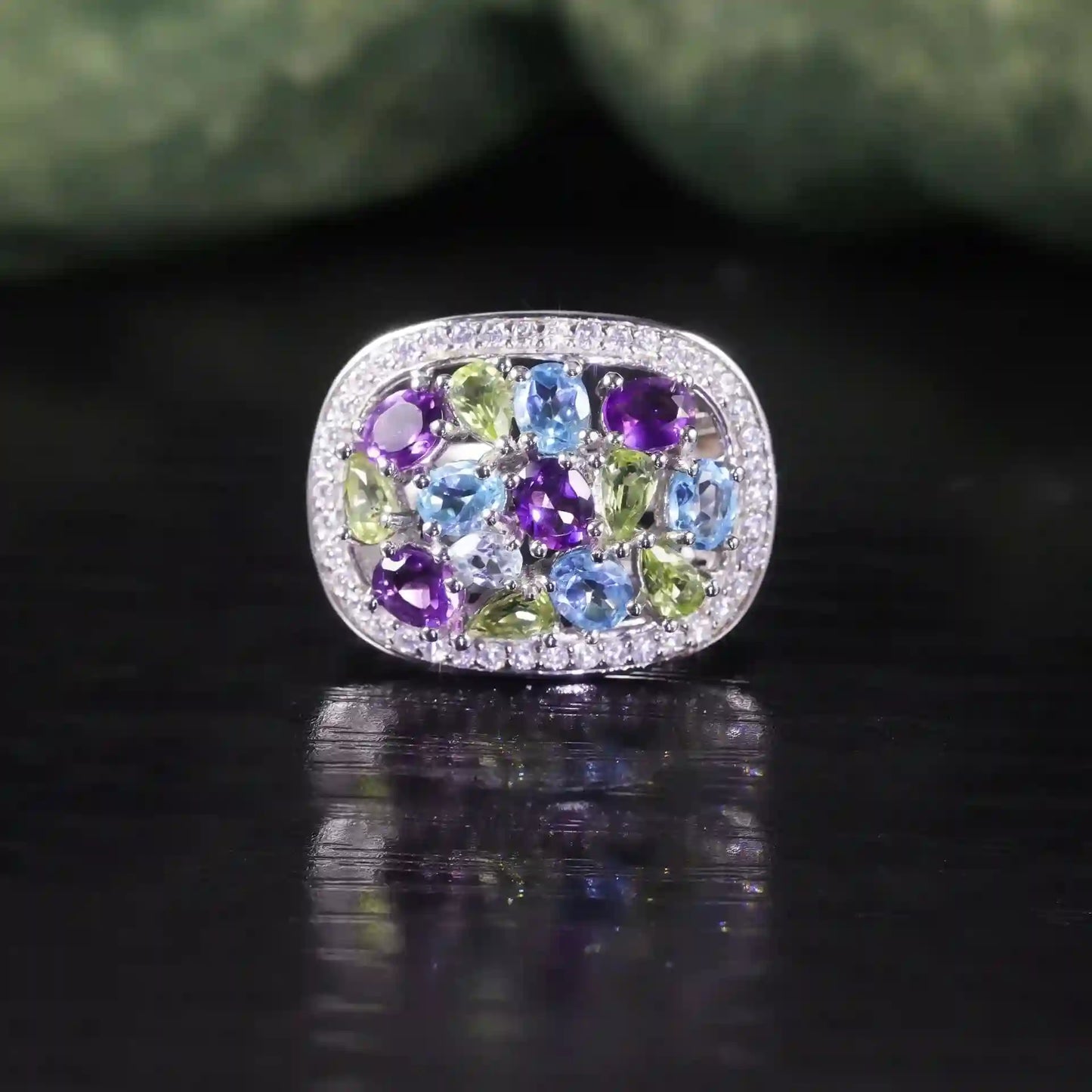 Engagement Ring 925 Silver Cluster Topaz Peridot Amethyst