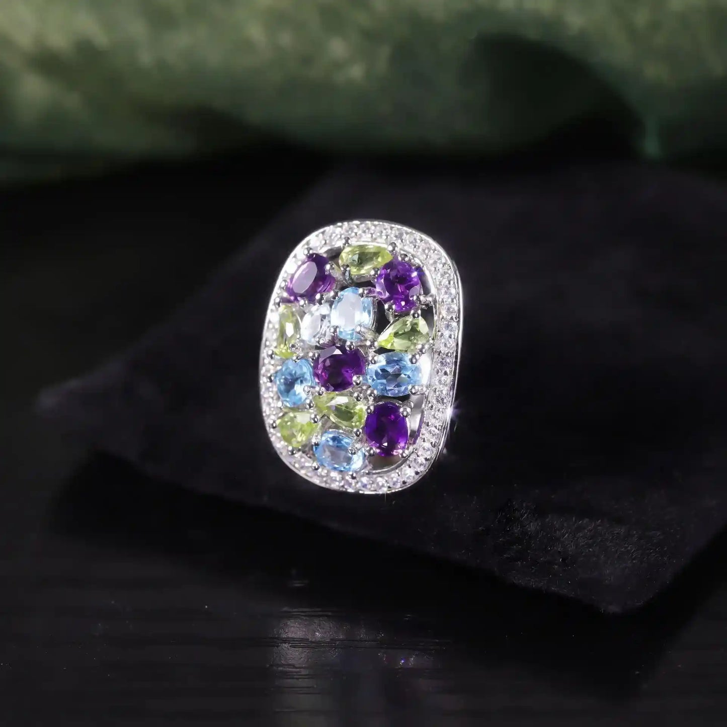Engagement Ring 925 Silver Cluster Topaz Peridot Amethyst