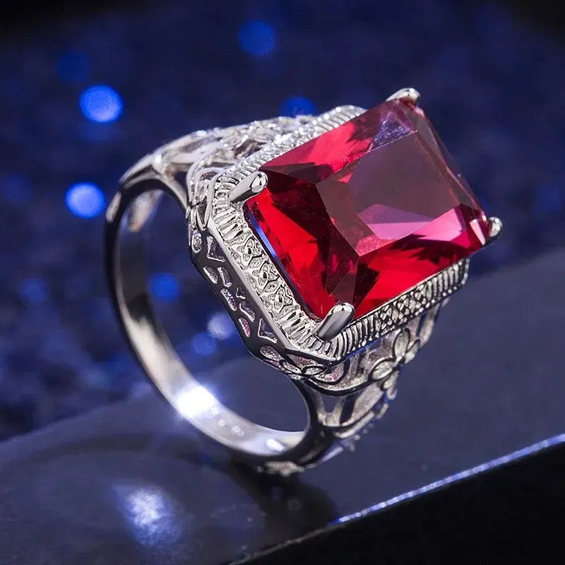 Radiant Engagement Ring 925 Silver Ruby