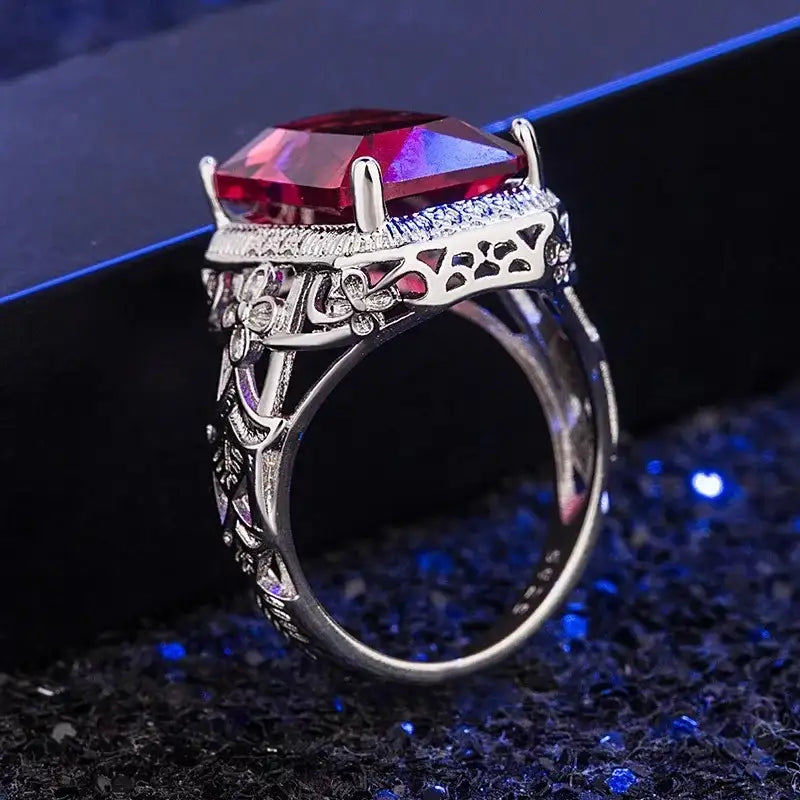 Radiant Engagement Ring 925 Silver Ruby