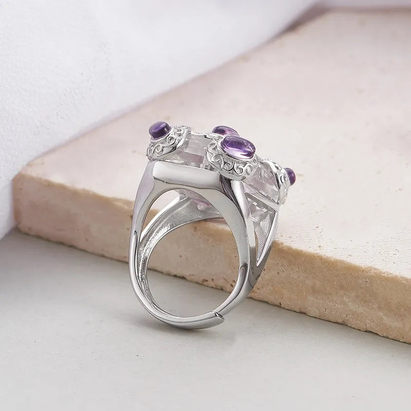 Rectangular White Crystal Engagement Ring 925 Silver Open Ring