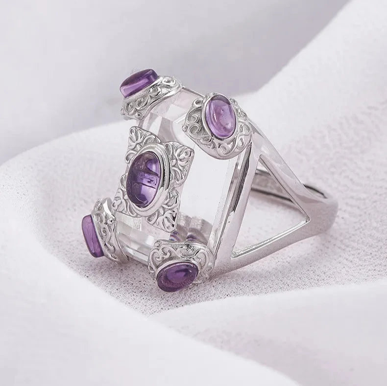 Rectangular White Crystal Engagement Ring 925 Silver Open Ring