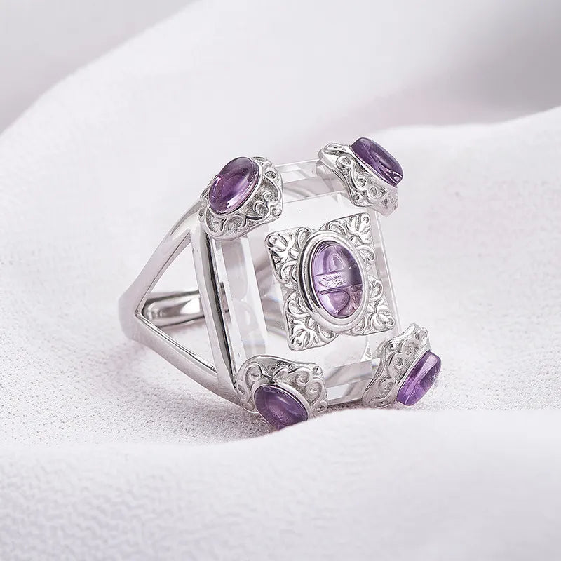 Rectangular White Crystal Engagement Ring 925 Silver Open Ring