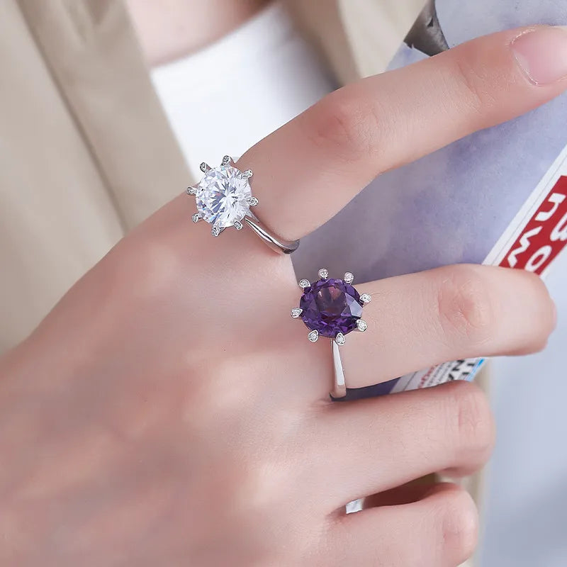 Round Engagement Ring 925 Silver Amethyst Open Ring
