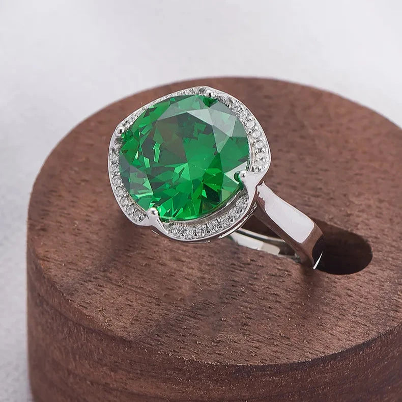 Round Engagement Ring 925 Silver Green Zircon Open Ring