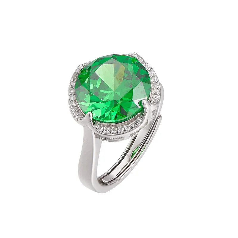 Round Engagement Ring 925 Silver Green Zircon Open Ring
