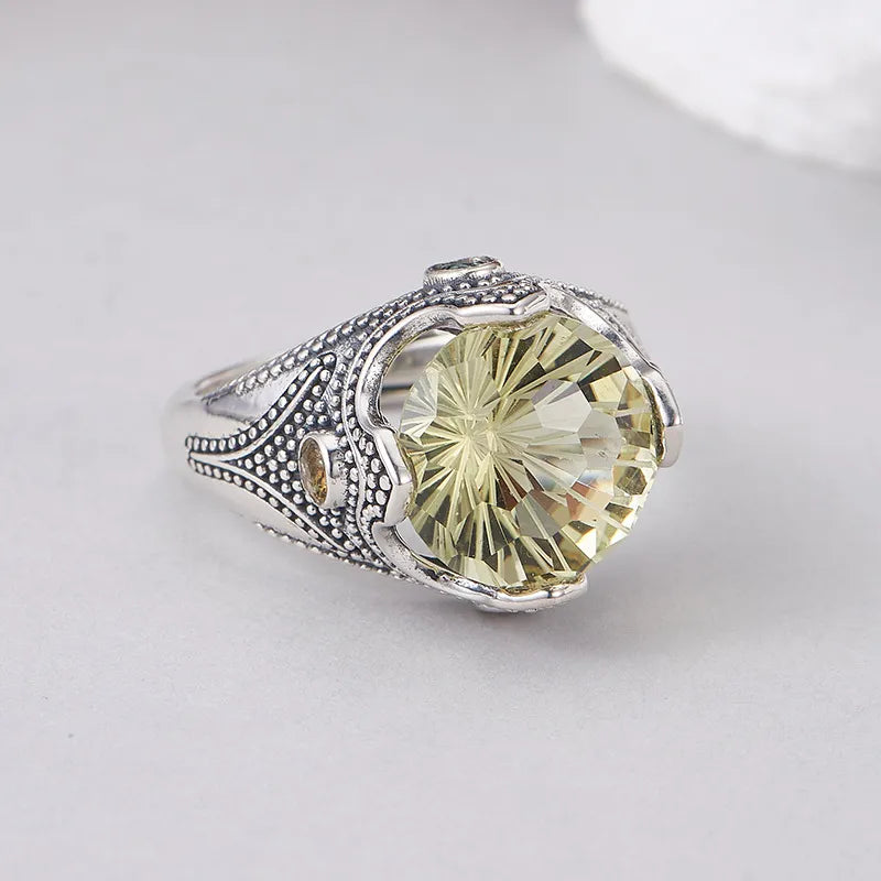 Round Engagement Ring 925 Silver Lemon crystal