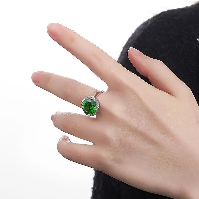 Round Engagement Ring 925 Silver Green Zircon Open Ring