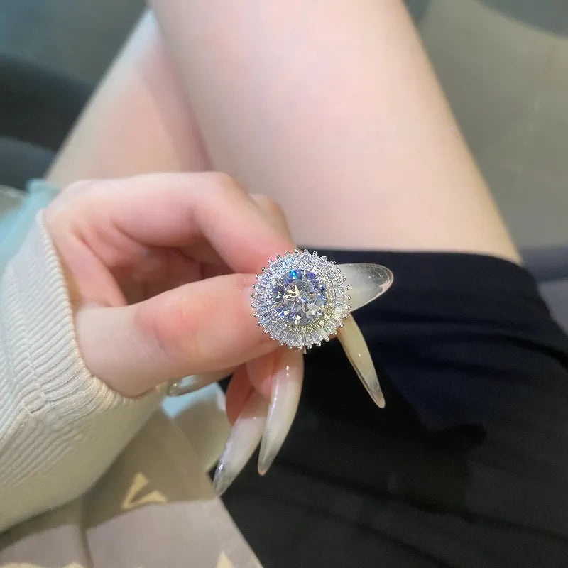 Round Engagement Ring 10mm 925 Silver High Carbon Diamond