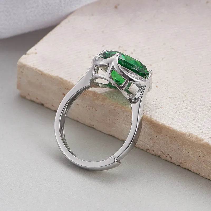 Round Engagement Ring 925 Silver Green Zircon Open Ring