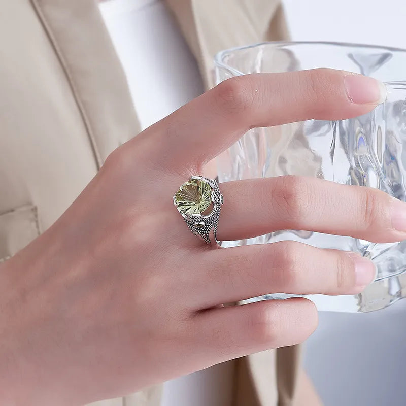 Round Engagement Ring 925 Silver Lemon crystal