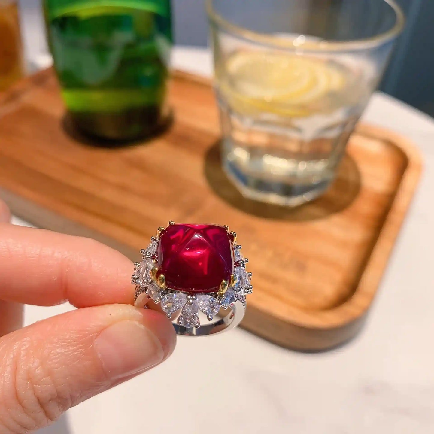 Sugar Tower Engagement Ring 14*14 925 Silver Ruby
