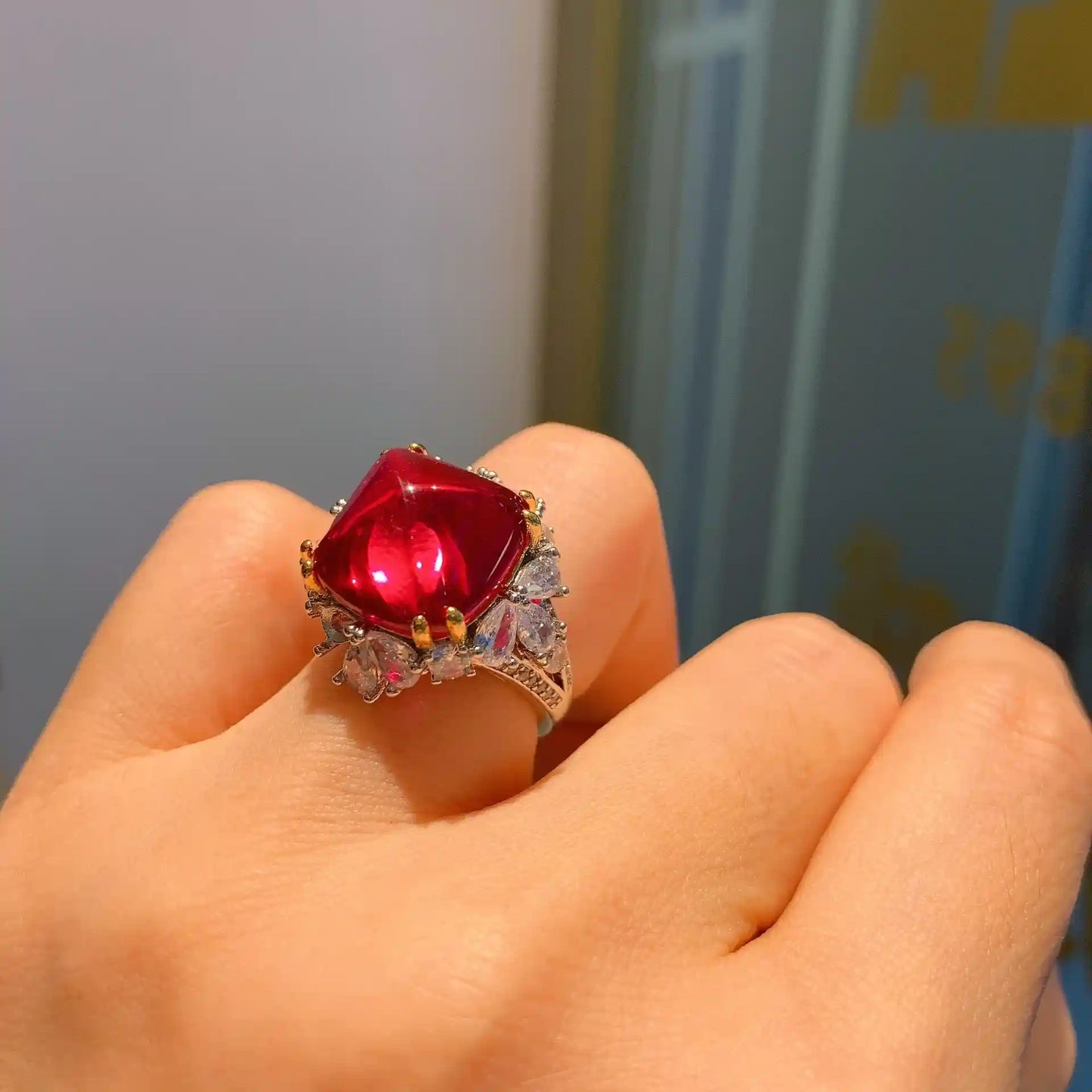 Sugar Tower Engagement Ring 14*14 925 Silver Ruby